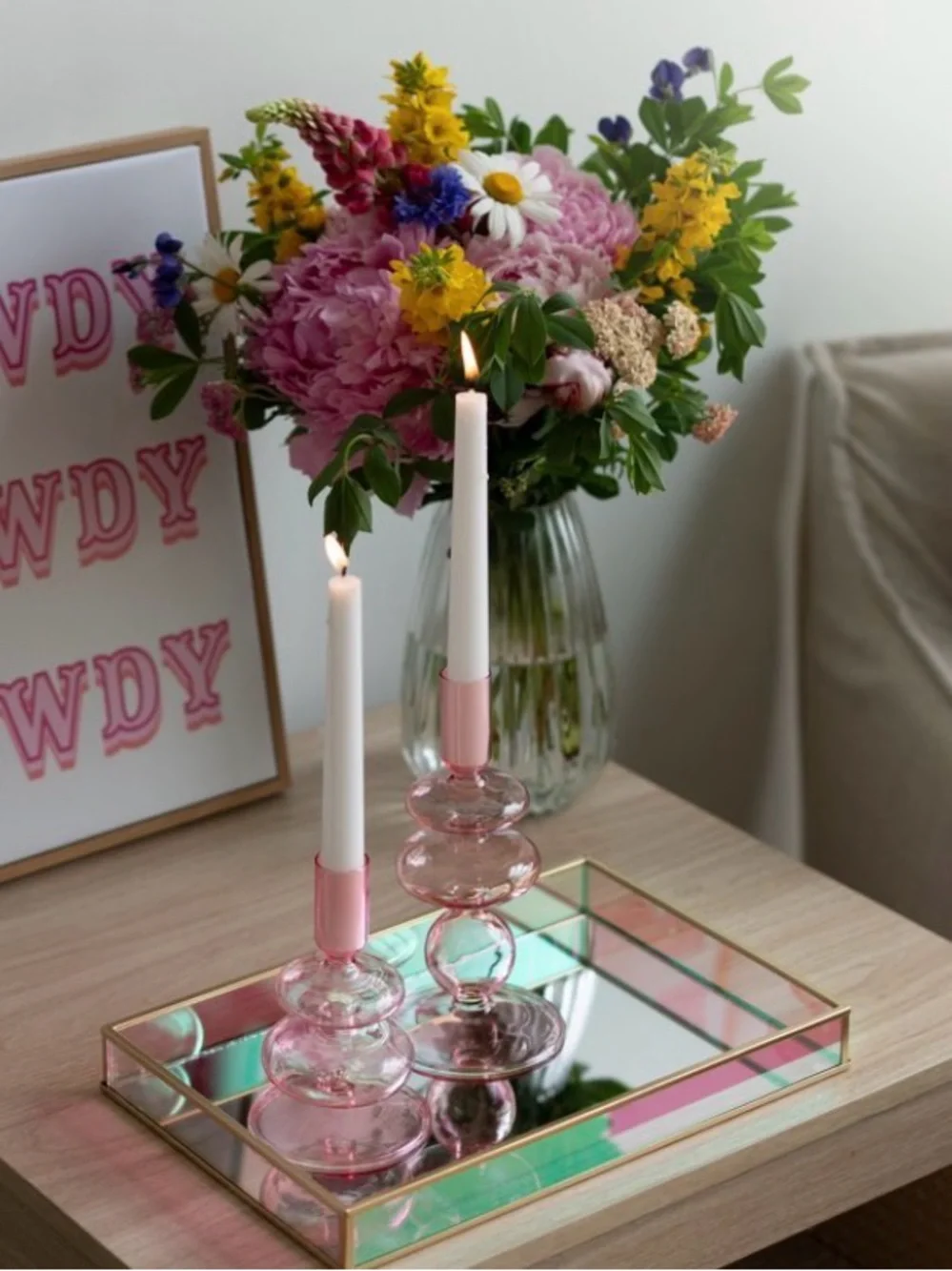 19 Pink Glass bubble shaped taper Candle Holders